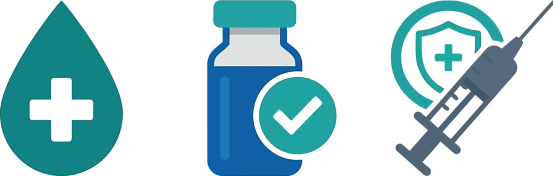A comprehensive collection of medical health icons including a blood droplet a vaccine vial a syringe and a protective shield on a transparent background