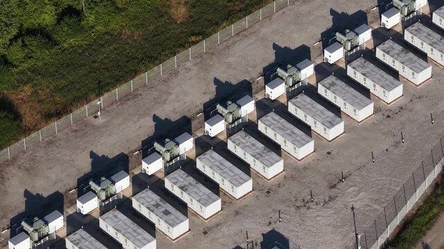Energy storage station with electrical transformers aerial view