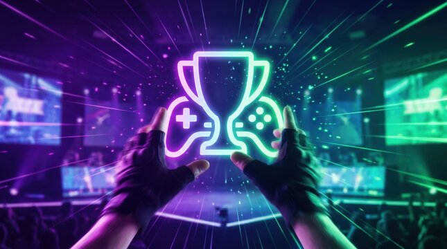 Glowing neon esports championship trophy and game controllers held firmly in gloved hands during an exciting tournament final match under colorful purple and green lights