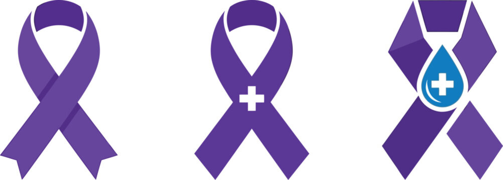 Three different purple ribbon designs representing awareness support remembrance and solidarity are displayed on a clear see through background for versatile use
