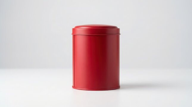 A single empty red metal storage canister with a lid standing upright for kitchen food pantry storage or coffee bean container
