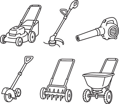 Lawn Care Equipment Line Art Icon Set with Lawn Mower Trimmer Leaf Blower Edger Aerator and Spreader