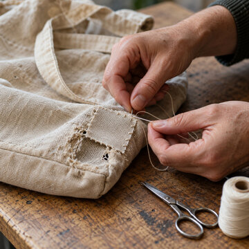 Gros plan sur des mains cousant une pi&egrave;ce de tissu sur un sac en toile us&eacute;. Une aiguille, du fil et des ciseaux illustrent la r&eacute;paration manuelle, le r&eacute;emploi et la r&eacute;duction des d&eacute;chets.