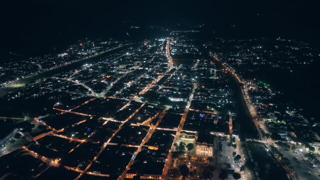 Aerial view of the colonial town of Paraty at night, Brazil