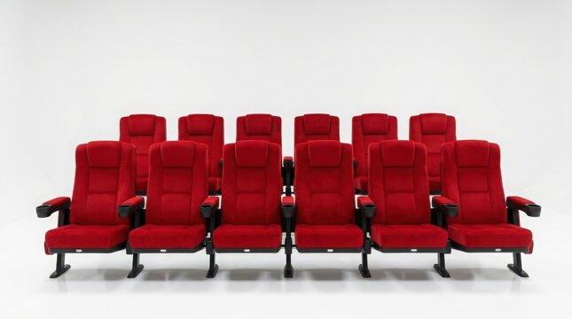 Rows of empty red cinema or movie theater seats arranged in a modern hall for watching films and entertainment at the theater