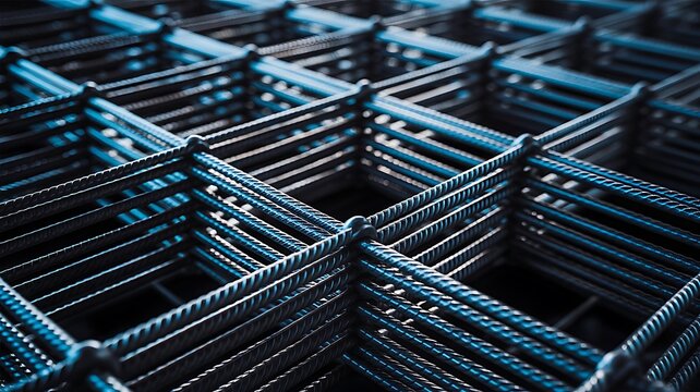 Macro view of a steel rebar grid used in construction, featuring a geometric pattern of metallic bars designed for concrete reinforcement support