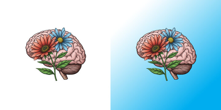 Pixel art human brain with colorful blooming flowers growing on it as a symbol of mental health