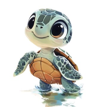 Cute cartoon baby sea turtle smiling isolated on white background