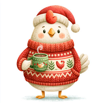 Cute Christmas bird wearing a red santa hat and sweater holding a hot beverage cup isolated on white background