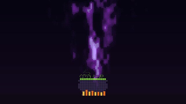 Thick purple magic smoke billowing upward from a bubbling green cauldron over a crackling fire, pixel loop