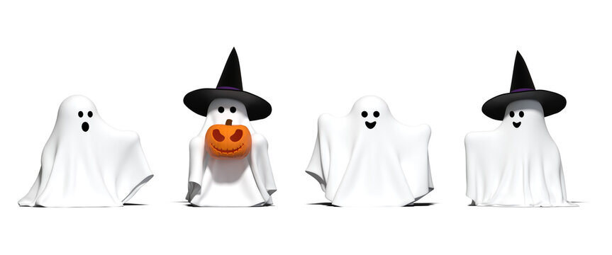 Cute Halloween ghosts collection set isolated on transparent background, 3D render