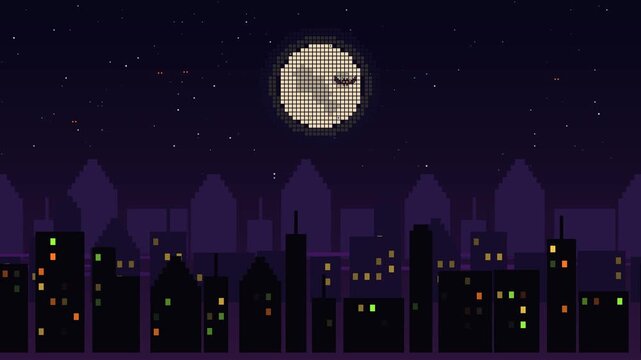 Three layer parallax of a haunted city skyline with flickering windows, drifting mist and bats under the moon