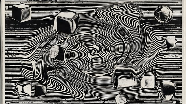 Surreal composition of warped shapes and cubes with a swirling vortex in the center