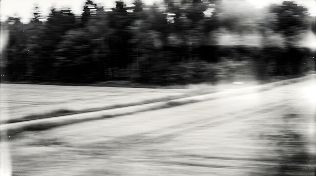 A blurred monochrome shot of train tracks curving through a field, leading towards a dense forest, with steam or smoke billowing from a passing train