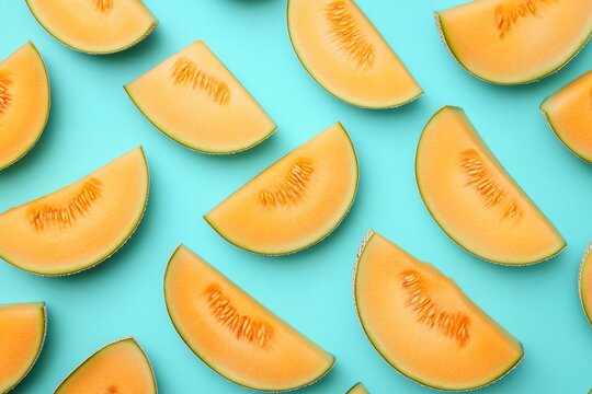 Cantaloupe melon slices forming pattern on turquoise background