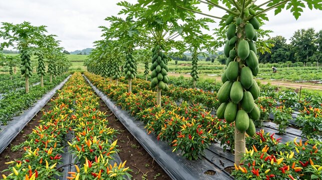 Tropical farm with papaya trees and colorful chili peppers