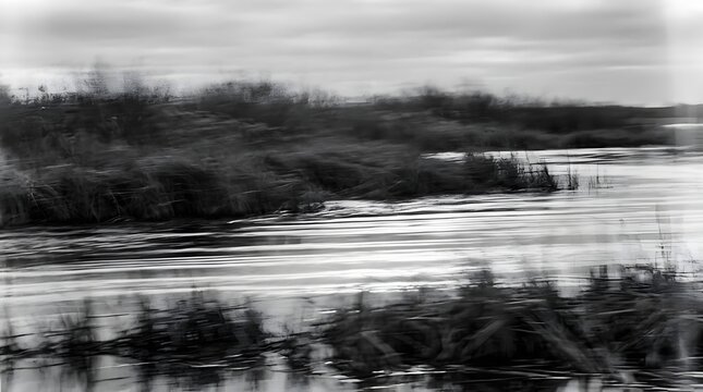 An abstract black and white photograph capturing a tranquil marshland scene with reeds and water. The blurred motion adds a sense of movement and atmosphere