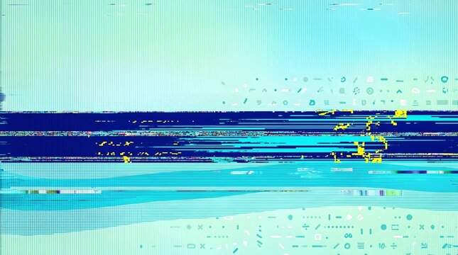 A digital glitch effect on a light blue background, with horizontal lines and colorful distortions. The image appears to be abstract with a modern, technological feel
