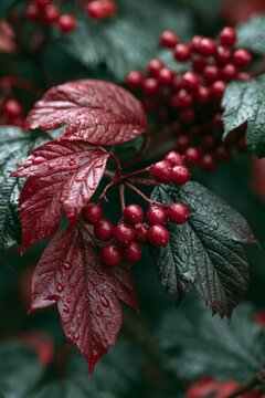 Guelder-rose berries and red leaves with raindrops, vertical