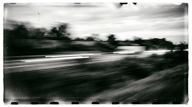 A streaky black and white photo of a road at dusk with car light trails. The image is blurry and gives a sense of speed and movement