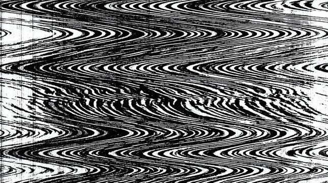 A black and white abstract pattern of wavy lines creates a mesmerizing visual effect