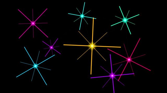 Colorful stellar constellation with diffraction spikes on black background abstract motion graphics