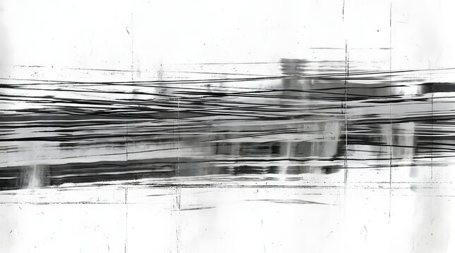 Abstract lines and shapes creating a sense of motion and depth, rendered in black and white. This graphic artwork evokes a feeling of dynamism and abstract expressionism.