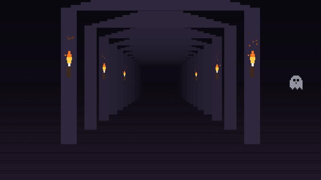Receding stone castle corridor with flickering wall torches, rising embers and a ghost floating past