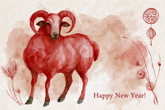 Red ram celebrating chinese new year with watercolor art