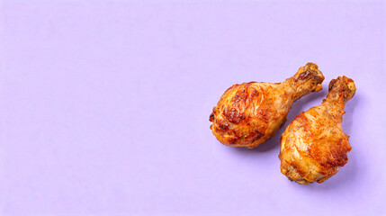 Two roasted chicken drumsticks on a vibrant purple background © Laura