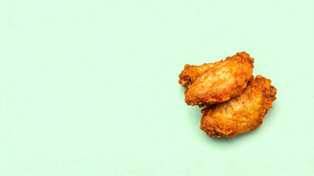 Crispy golden fried chicken wings on a vibrant light green background