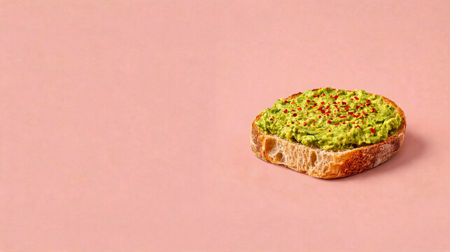 Healthy avocado toast with red pepper flakes on a pink background