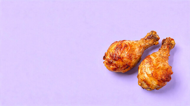 Two roasted chicken drumsticks on a vibrant purple background