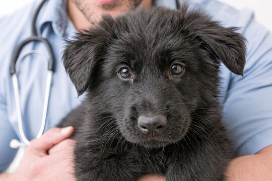 Veterinarian holding cute black puppy during examination