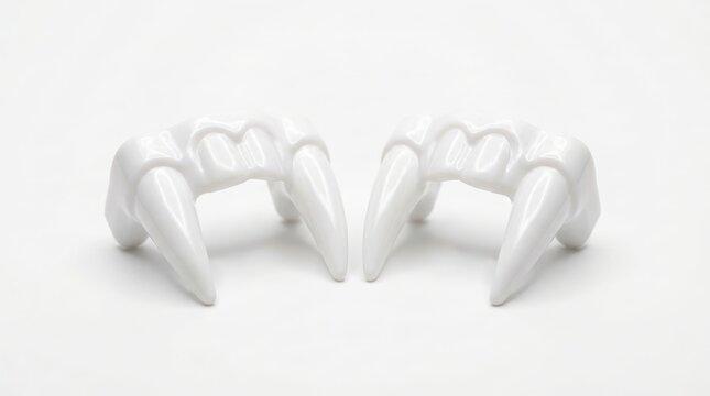 Two plastic white vampire fangs costume teeth set for halloween party celebration isolated on a plain clean surface background