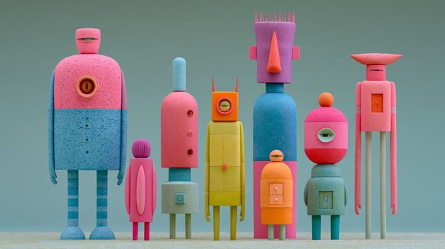 Brightly colored robot figures stand together