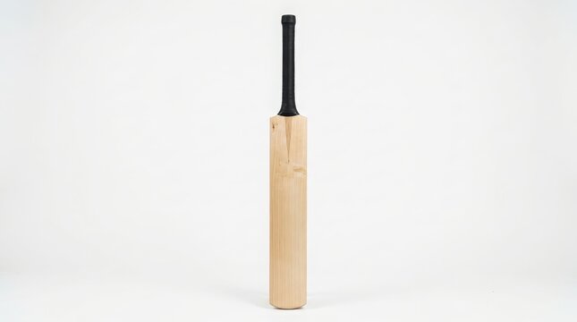 A standard wooden cricket bat with a black handle grip standing upright for a professional sports game match or training