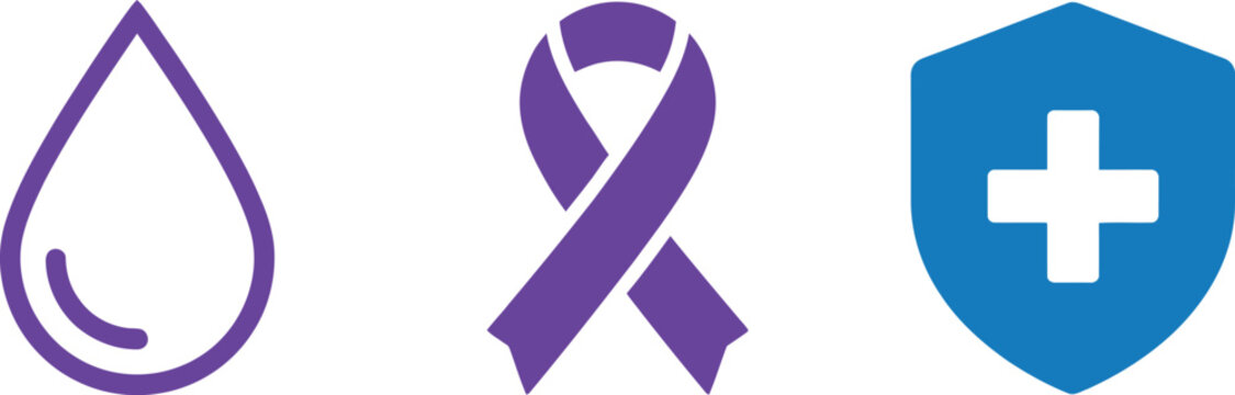 A group of medical health icons features a droplet a ribbon and a shield with a white cross on a clear background