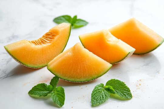 Cantaloupe melon slices with mint on marble surface
