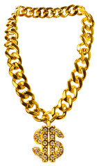 Naklejka na ściany i meble Chunky gold chain necklace with diamond dollar sign pendant isolated on white background. Hip hop fashion concept with clipping path for luxury jewelry design png file.