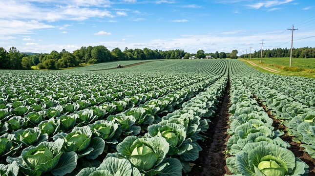 Vast rows of green cabbage growing on a rural farm