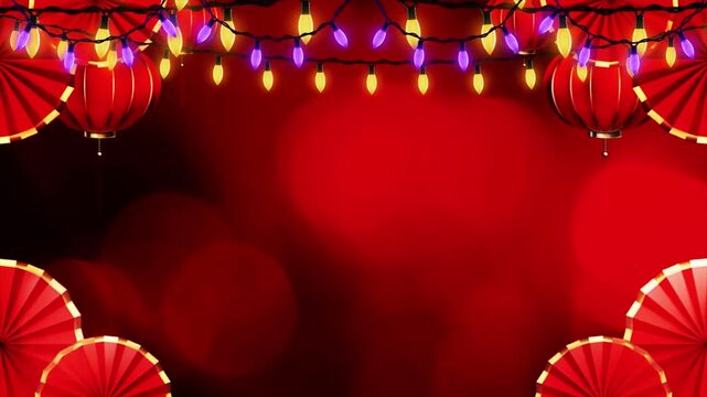 Chinese lanterns and glowing string lights on a red background with copy space