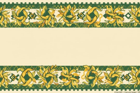 A geometric tribal border pattern featuring 1960s macrame knot designs in earthy hemp, avocado green, and mustard yellow.