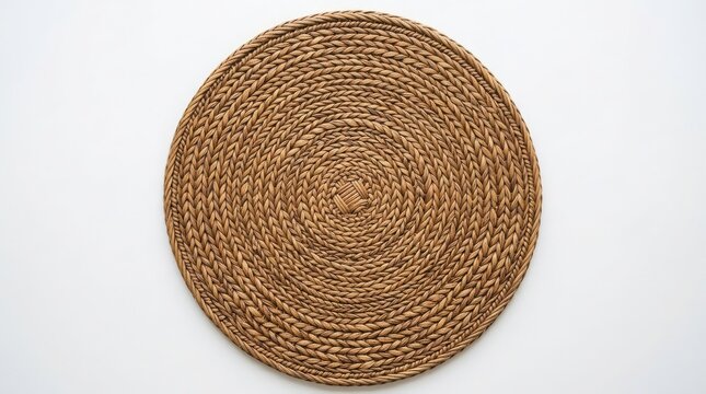 Round brown woven jute placemat or rustic table mat for kitchen dining decor isolated on a white background