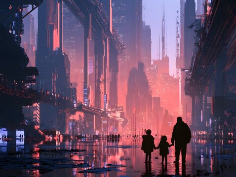 Silhouettes of a family walking together on a wet futuristic cyberpunk city street at sunset with towering skyscrapers