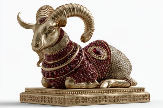 Golden ram statue decorated with sparkling red gems