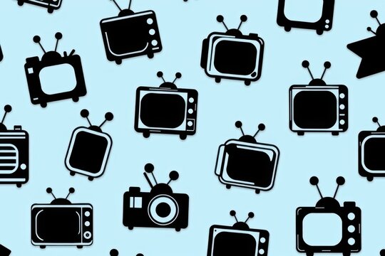 A whimsical line art doodle pattern of 1960s retro television sets with rabbit ear antennas sketched in black on a pale blue background.