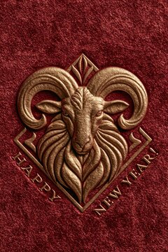 Golden ram head relief with happy new year text on red velvet, vertical