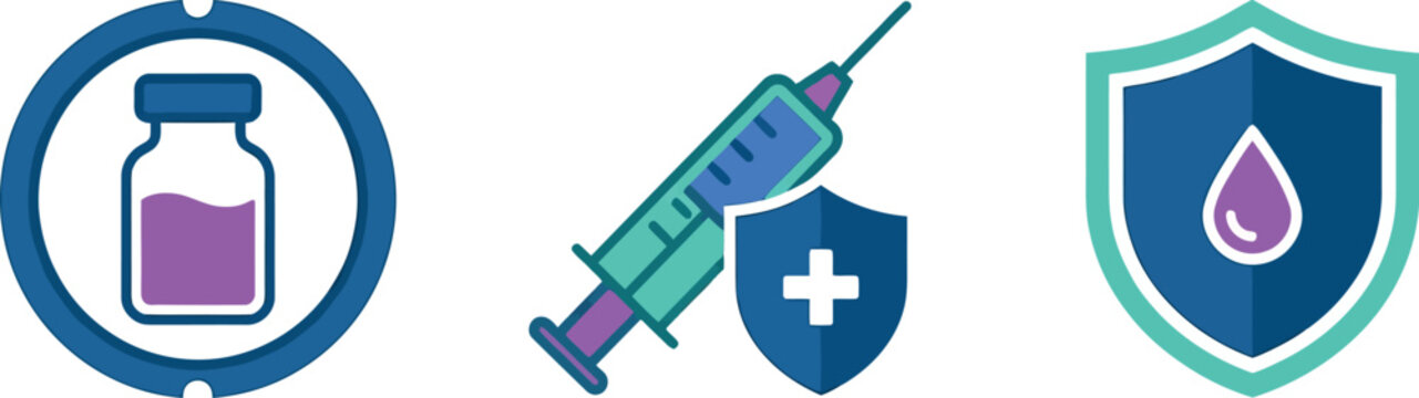 A collection of isolated medical icons features a vial a syringe and a shield with a droplet on a clear background