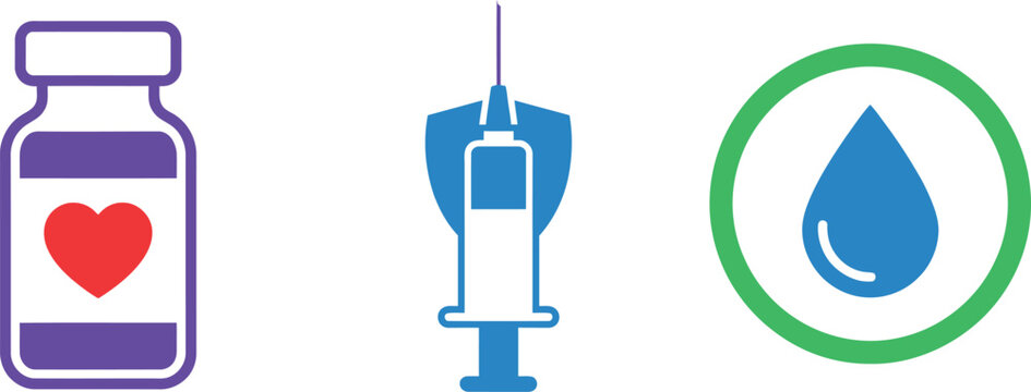 Isolated medical icons show a small bottle of medicine a hypodermic syringe and a single clear water droplet on a transparent backdrop